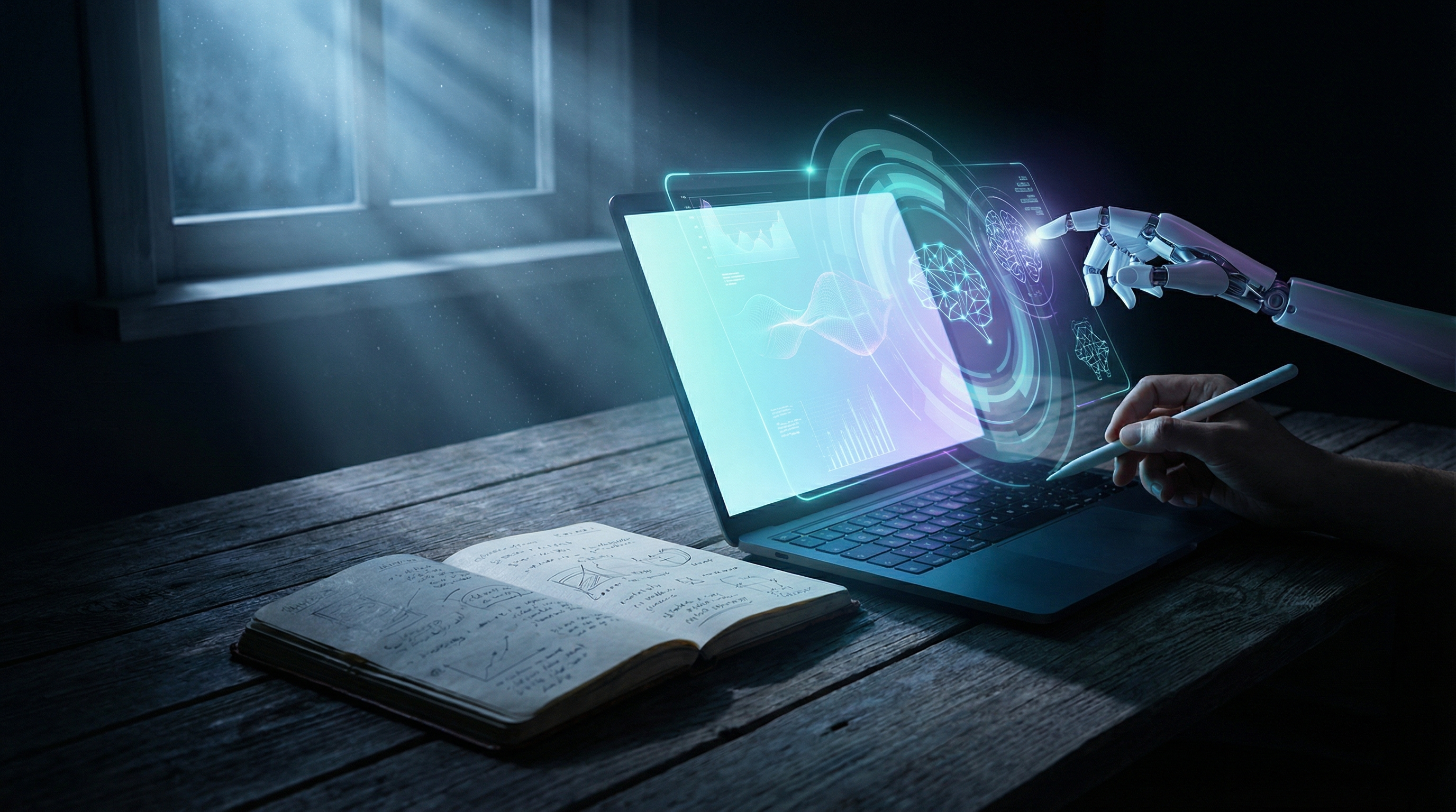 Cinematic workspace with handwritten notes and a holographic AI interface