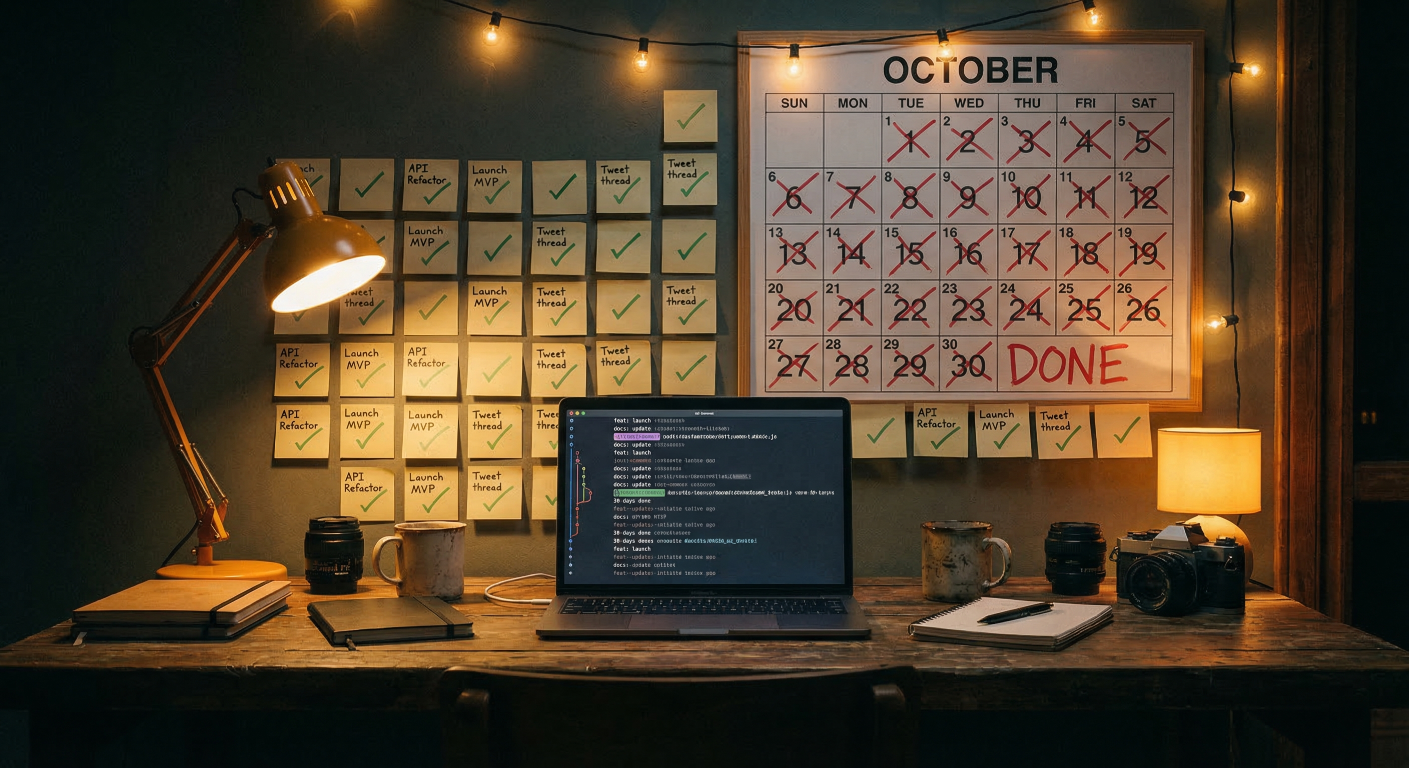 A month's worth of work visualized — commits, posts, and project milestones