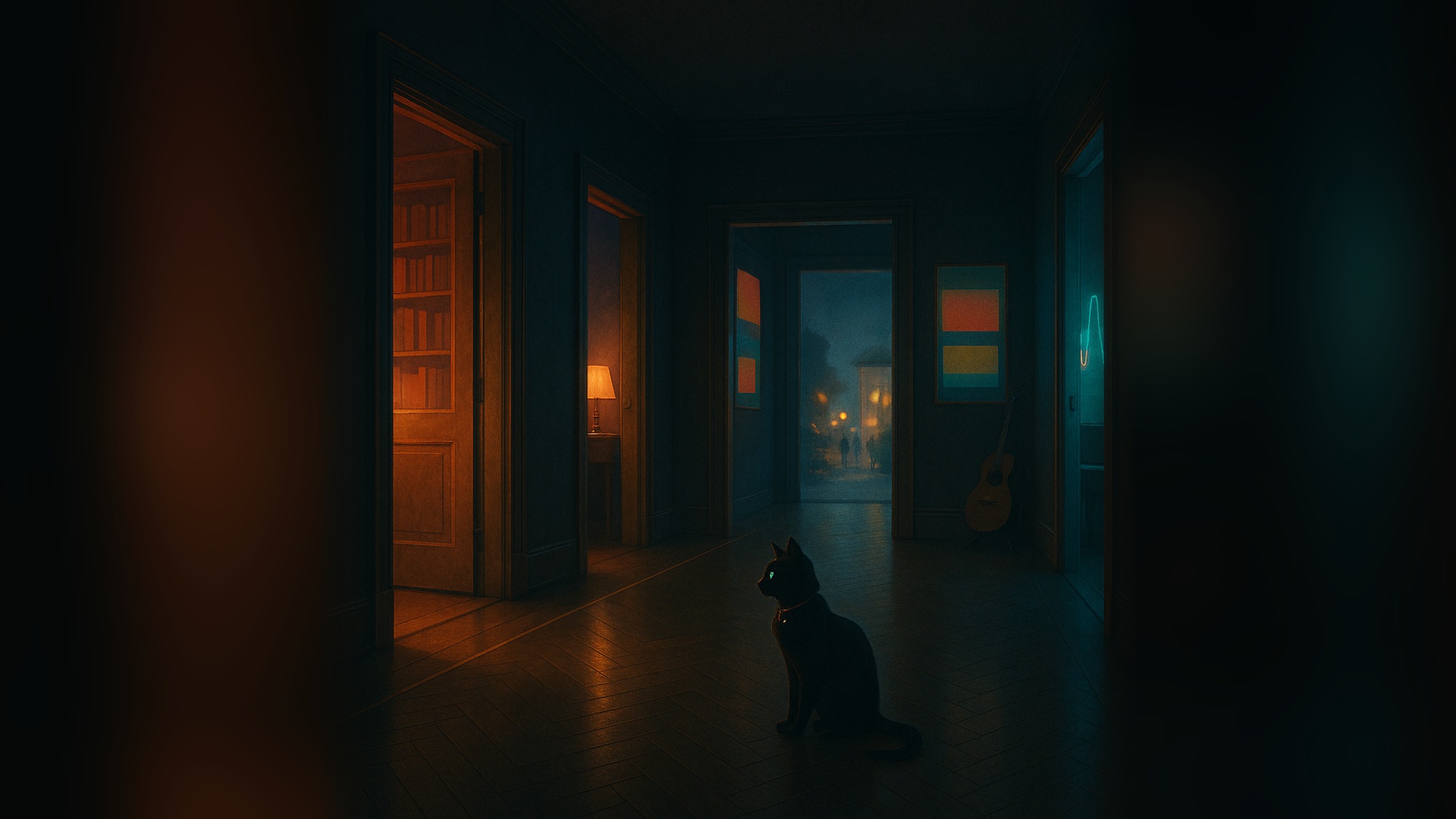 Nyx, a small black cat with emerald eyes, sits in a noir hallway connecting four glowing rooms for knowledge, diaries, art, and music.
