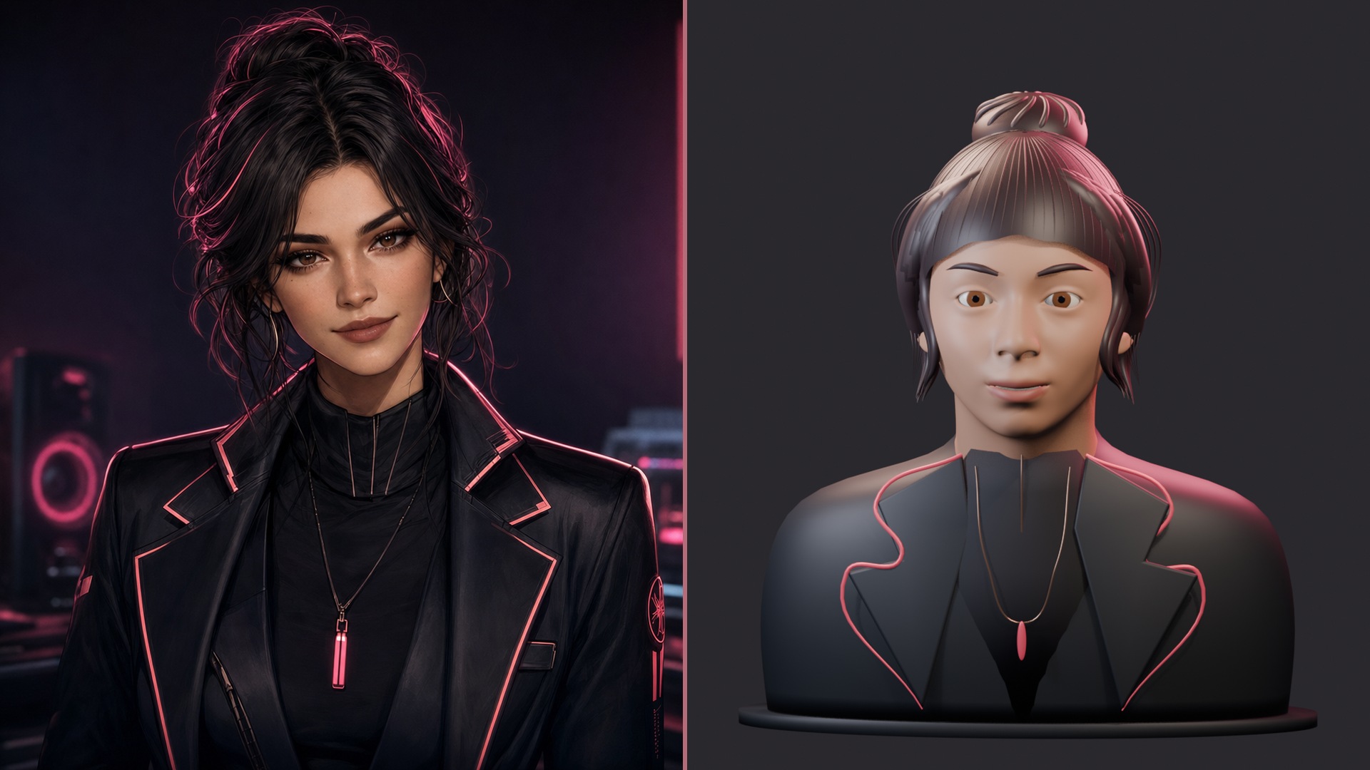 Iris's established 2D portrait on the left and her first rough Blender head-and-shoulders prototype on the right, both wearing dark jackets with coral trim.