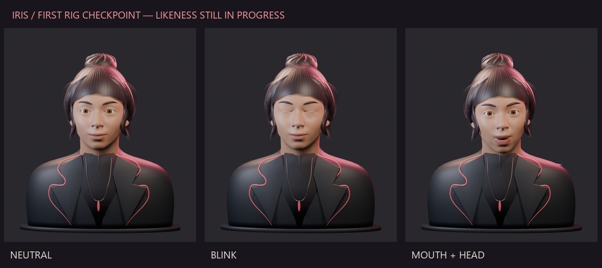 Three actual Blender renders showing the neutral prototype, both eyes closed, and a restrained mouth opening with a small head turn.
