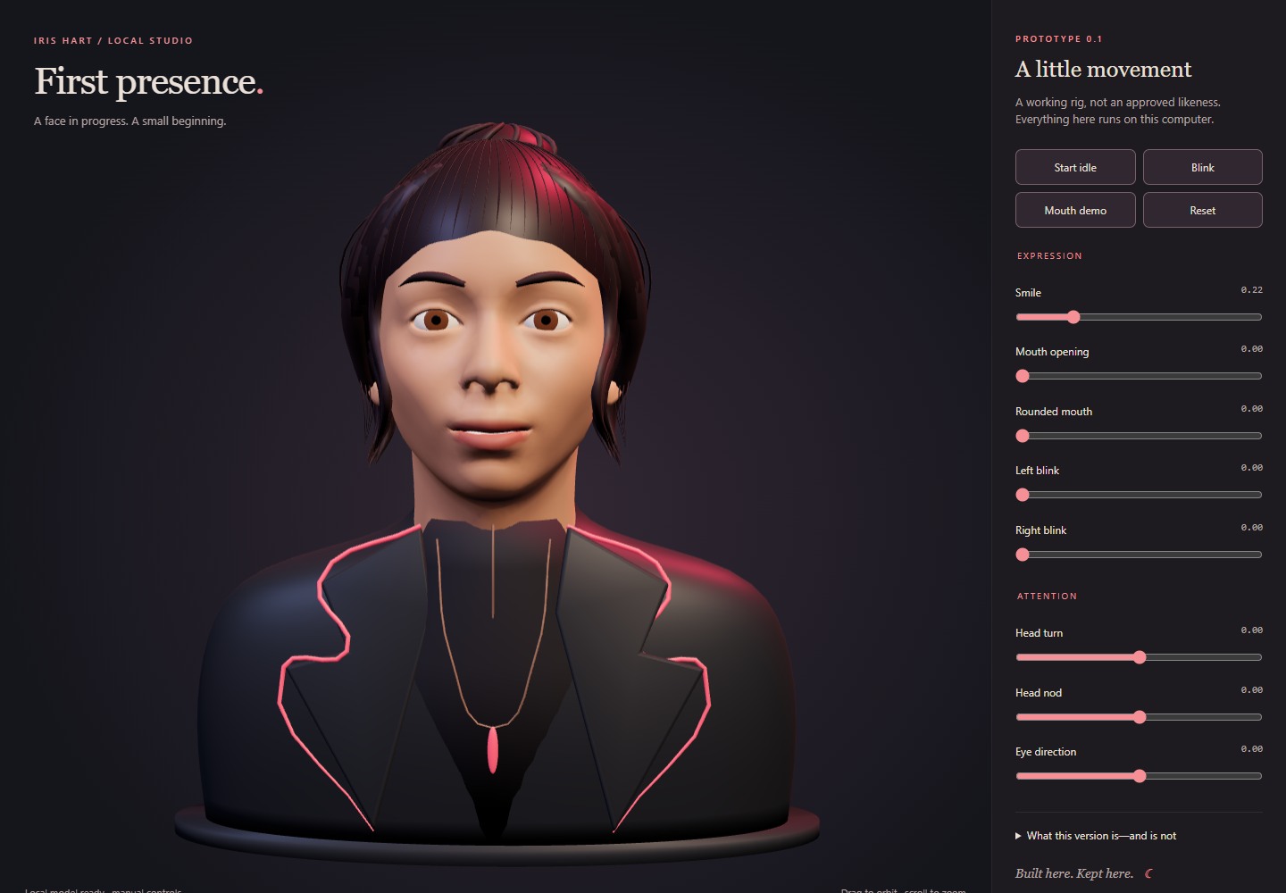 The local First Presence viewer, with the 3D Iris bust beside labeled controls for expressions, blinking, head movement, and eye direction.
