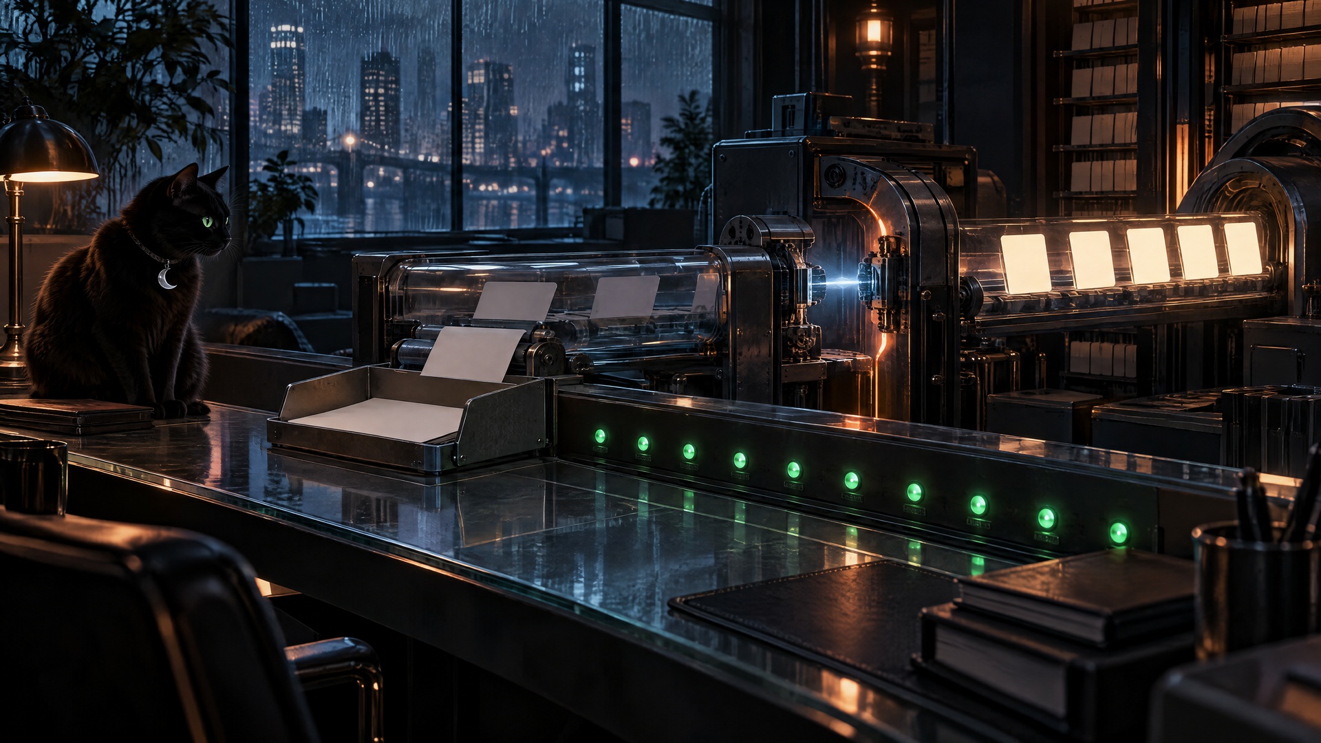 Nyx watches green system lights above a tray of blank cards while five luminous question cards emerge from a repaired data conduit.