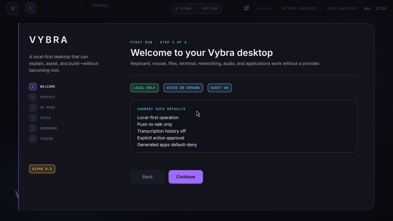 Vybra OS Alpha 0.1 first-run screen on its dark desktop, showing local-only operation, voice on demand, audit on, and explicit approval defaults.