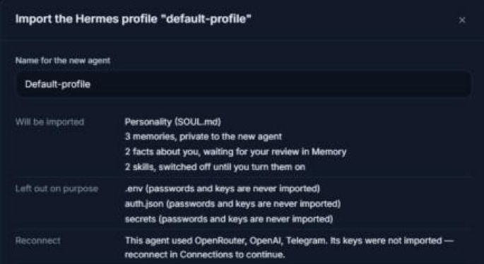 Detail of the Hermes test-profile import preview, listing memories and personality to import, credentials excluded, and services to reconnect.
