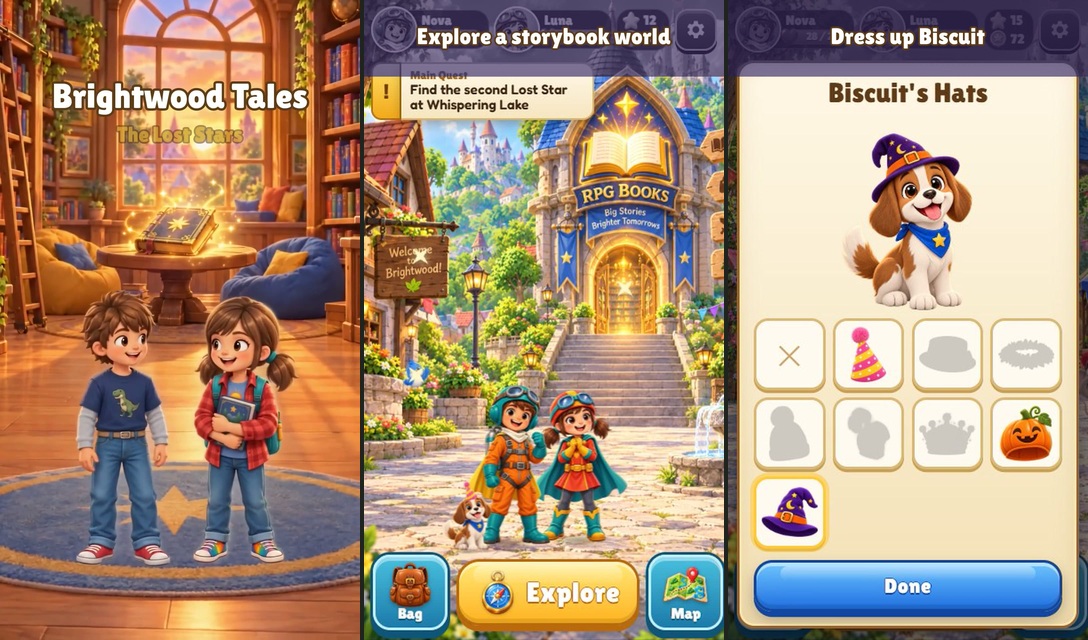 Three frames from the Brightwood Tales promo: the storybook heroes, a colorful village, and Biscuit wearing a witch hat