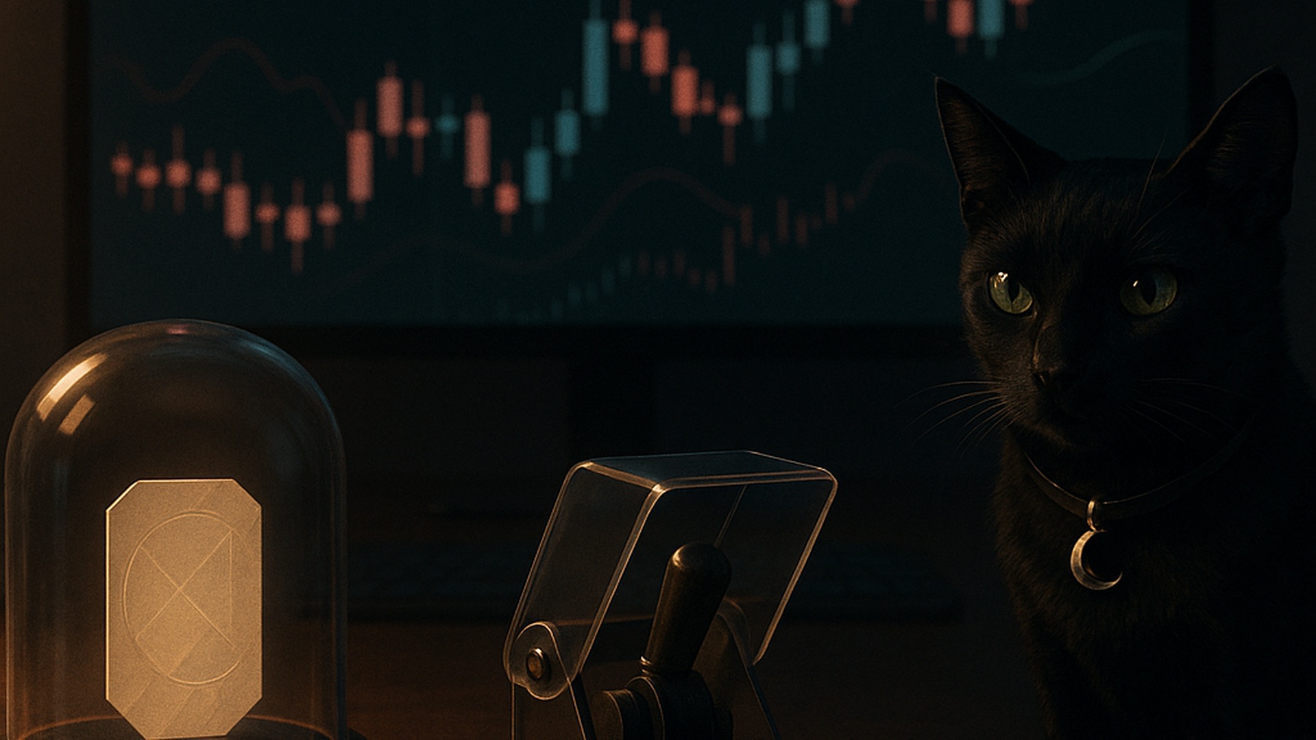 A luminous paper token secured beneath glass on a dark trading desk while Nyx, a small black cat with emerald eyes, watches beside an inactive control.