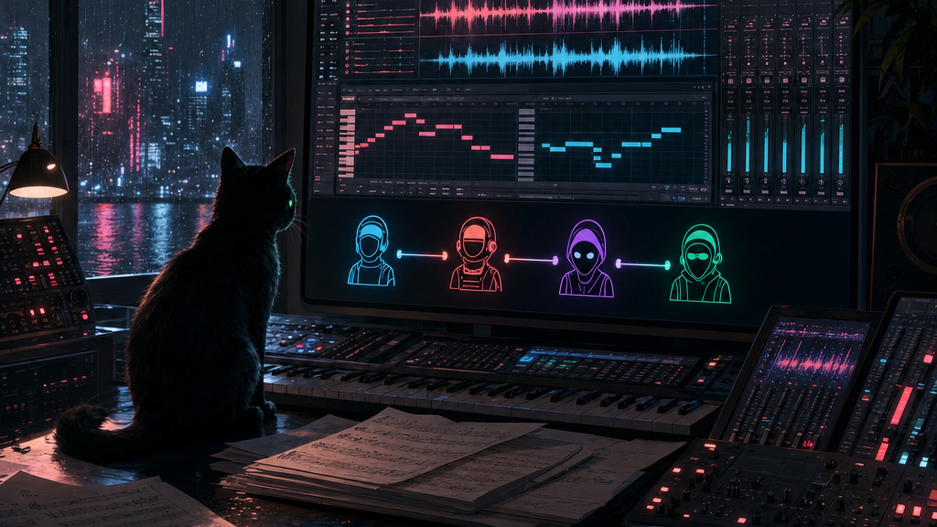 A dark noir music studio workstation at night with glowing audio waveforms, four small agent icons along the bottom, and a black cat with emerald eyes watching the screen.