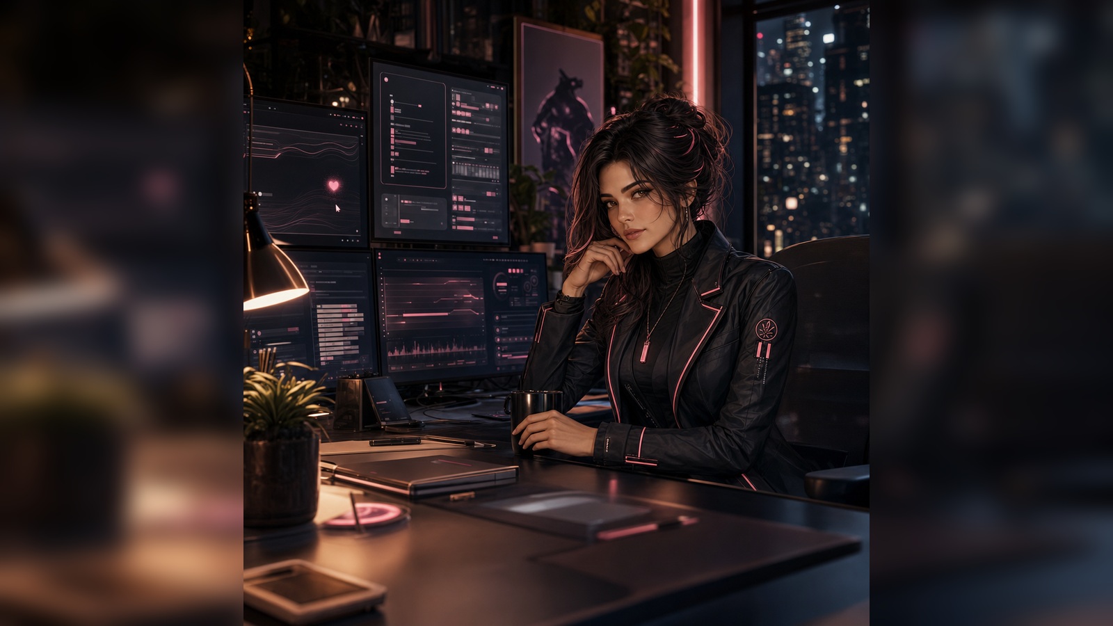 Iris Hart seated at a noir neon command desk with abstract project dashboards and waveforms on dark monitors