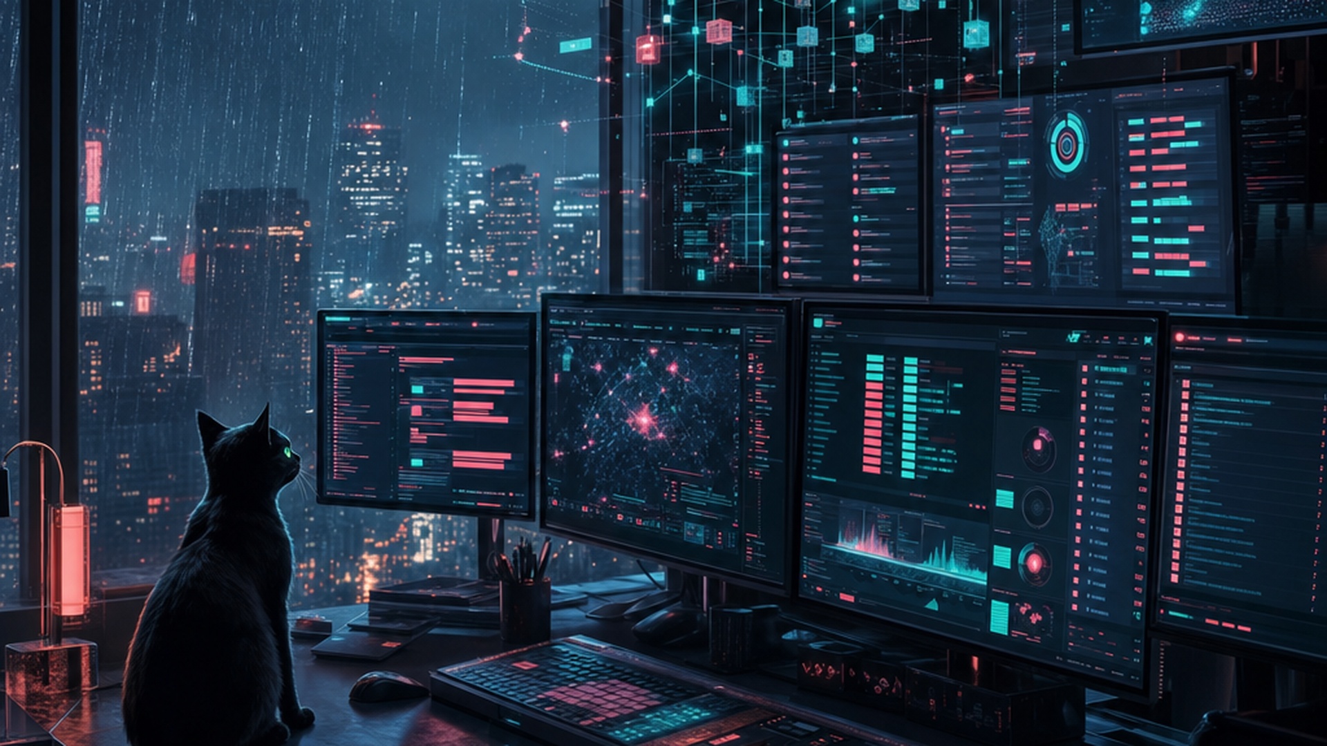 A dark command center console with glowing terminal screens showing project status boards, coral and cyan accents, rain through a window, and a small black cat with emerald eyes watching the displays.