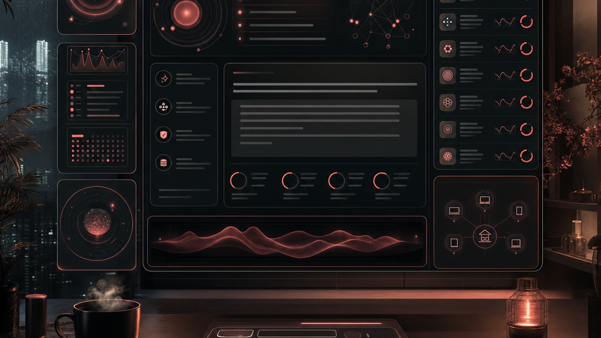 A dark noir AI operations dashboard with coral-pink neon panels, status rings, agent queues, and a calm command center atmosphere.
