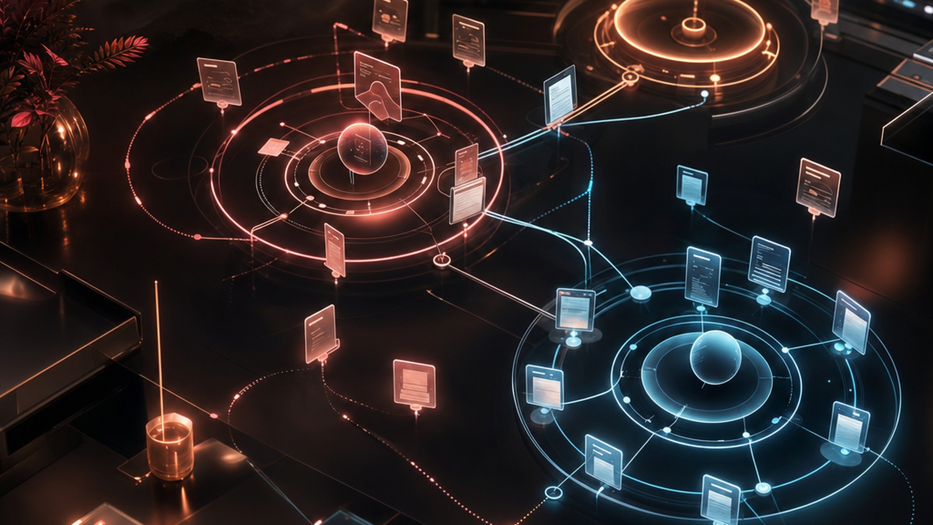 A dark noir workflow diagram with coral and cyan circular agent loops, task cards, gates, and glowing receipt trails.