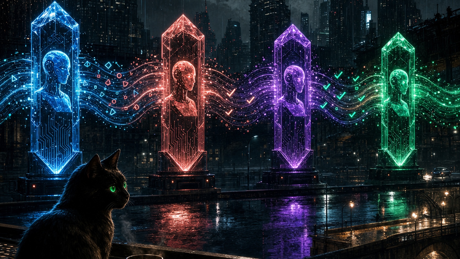 Four glowing AI agent nodes connected by coral and cyan data streams in a dark rain-soaked nightscape, with a small black cat watching from the foreground.