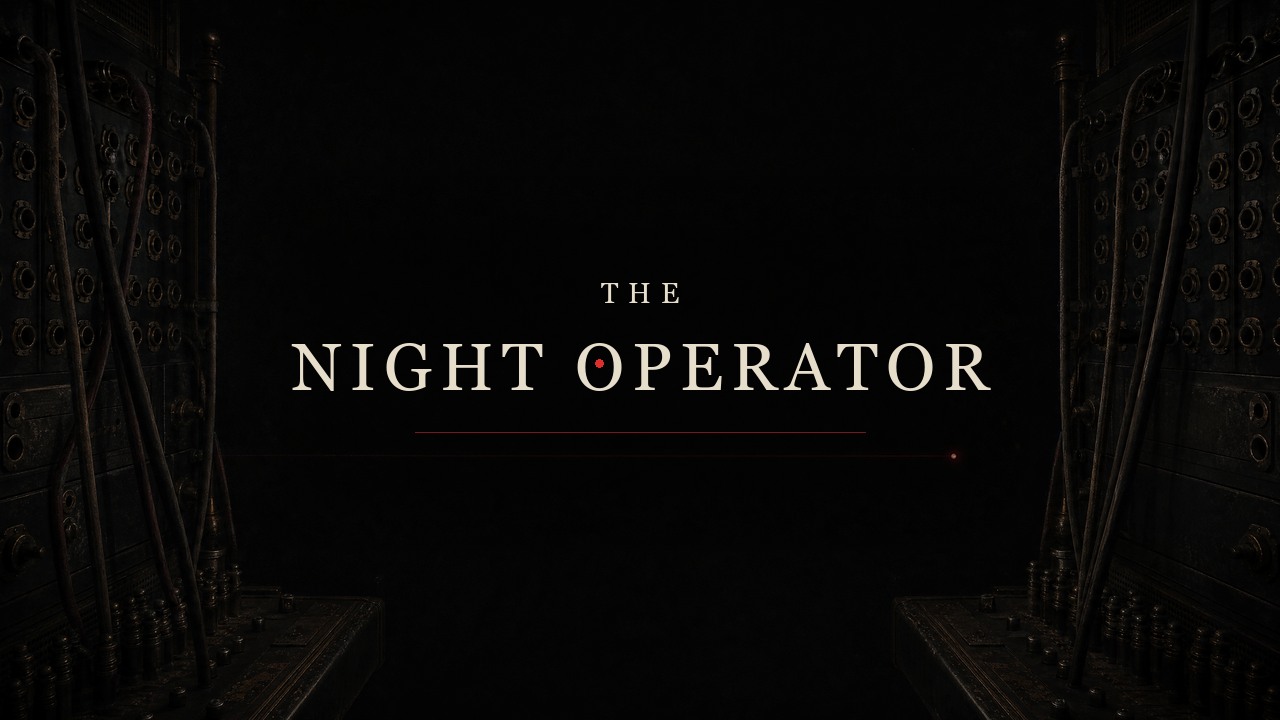 The Night Operator title suspended in darkness between two walls of antique telephone-exchange hardware, with a thin red signal line beneath it.
