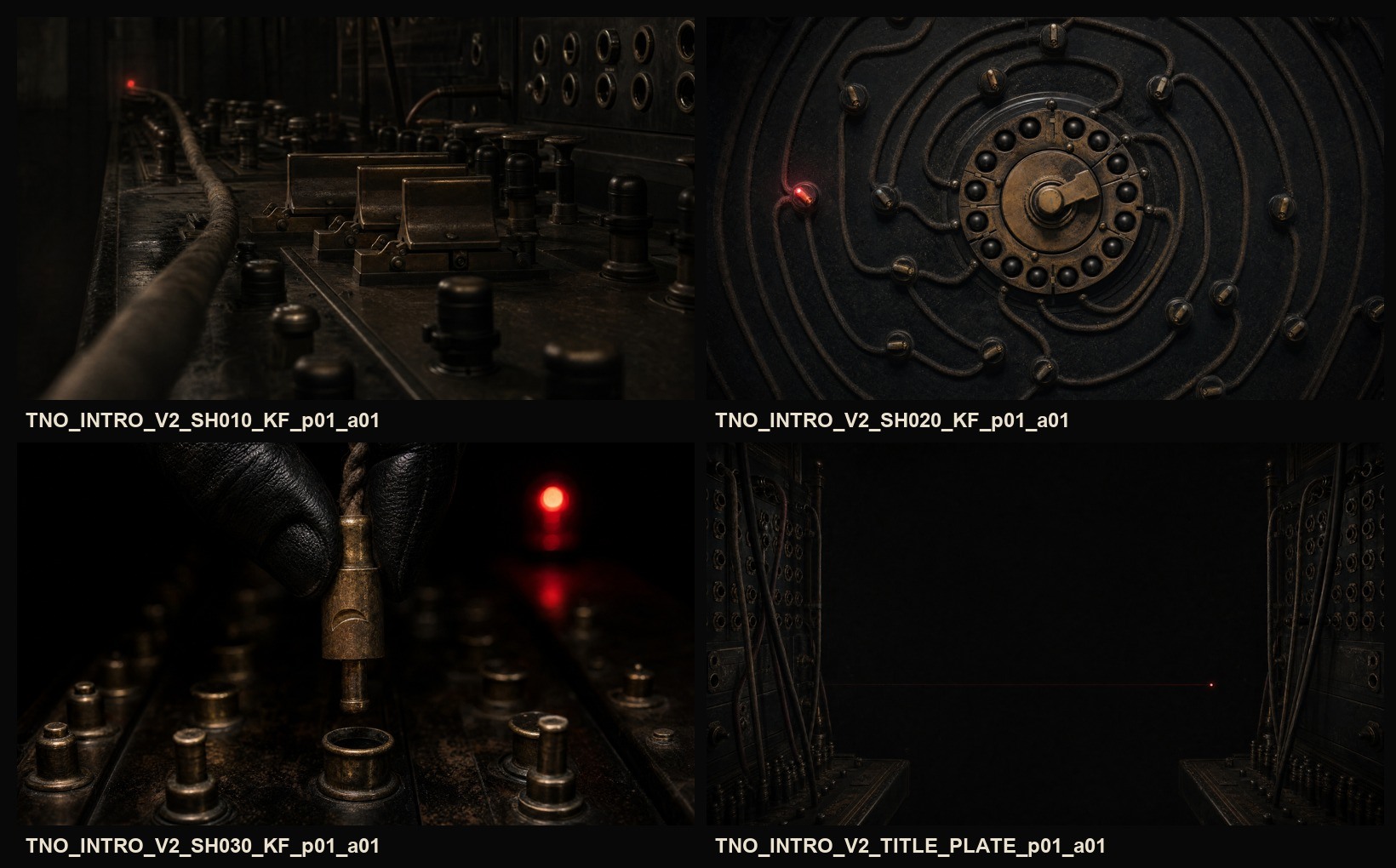 The four approved reference images: dead exchange, circular routing engine, gloved brass plug, and title-safe telephone exchange chamber.