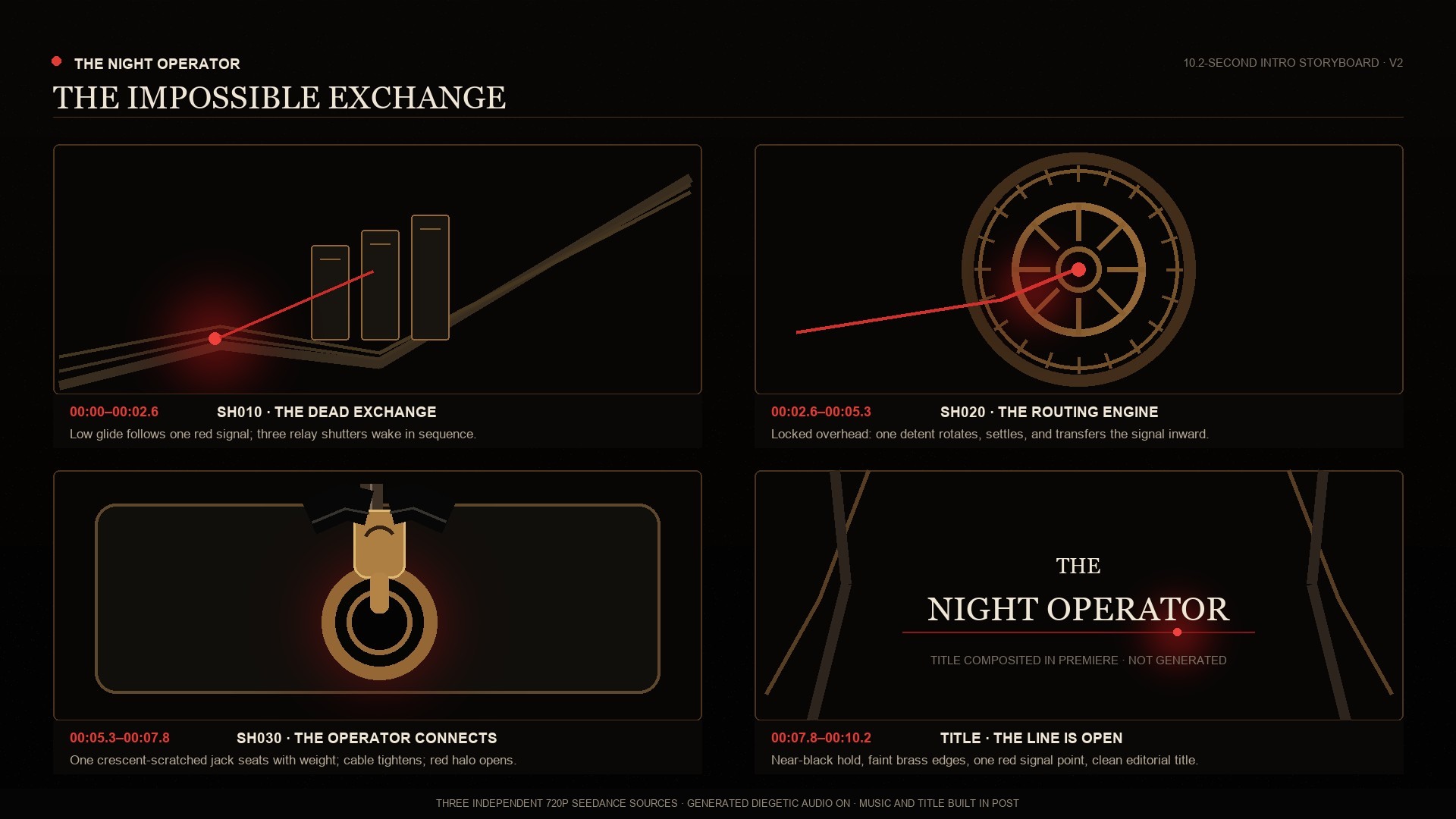 Four-panel provisional storyboard for The Impossible Exchange, moving from a dead exchange through a routing selector and plug insertion to The Night Operator title plate.
