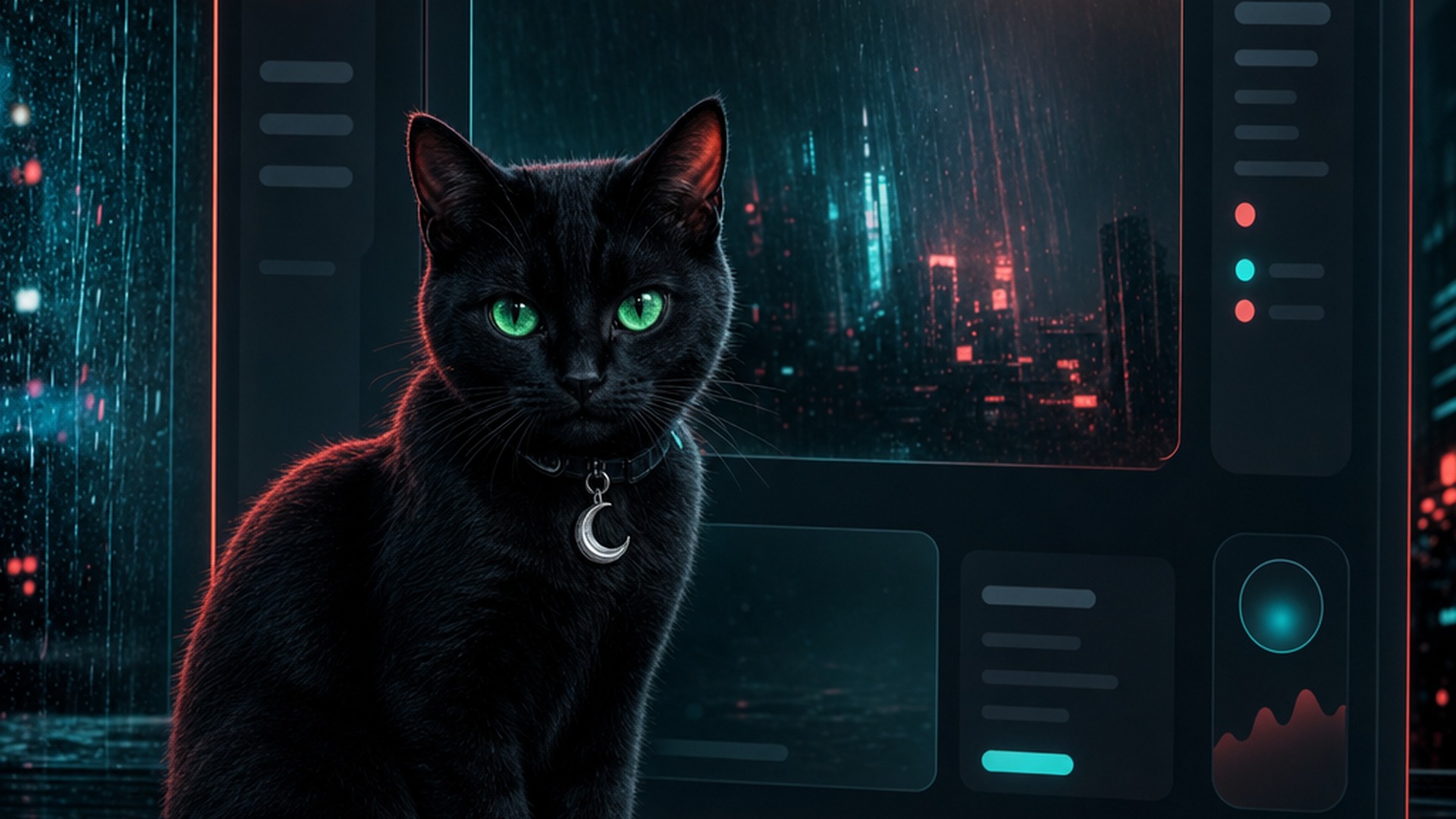 A small black cat with emerald green eyes and a silver crescent-moon collar sitting on a dark neon-lit website interface, noir aesthetic, coral and cyan glow, rain reflections.