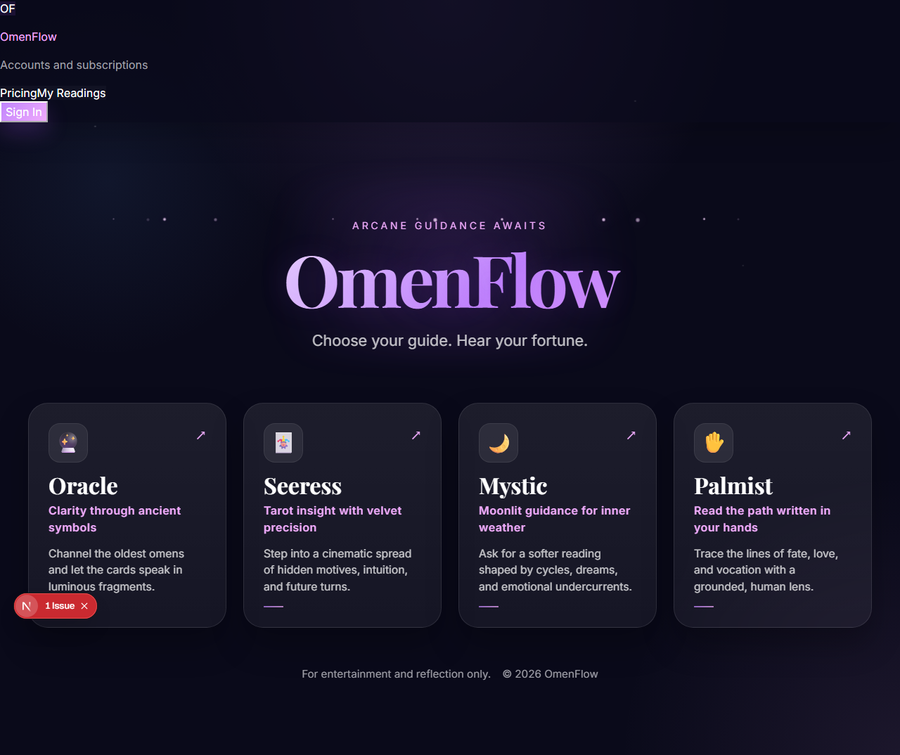 OmenFlow landing page with four mystical guide cards — Oracle, Seeress, Mystic, and Palmist