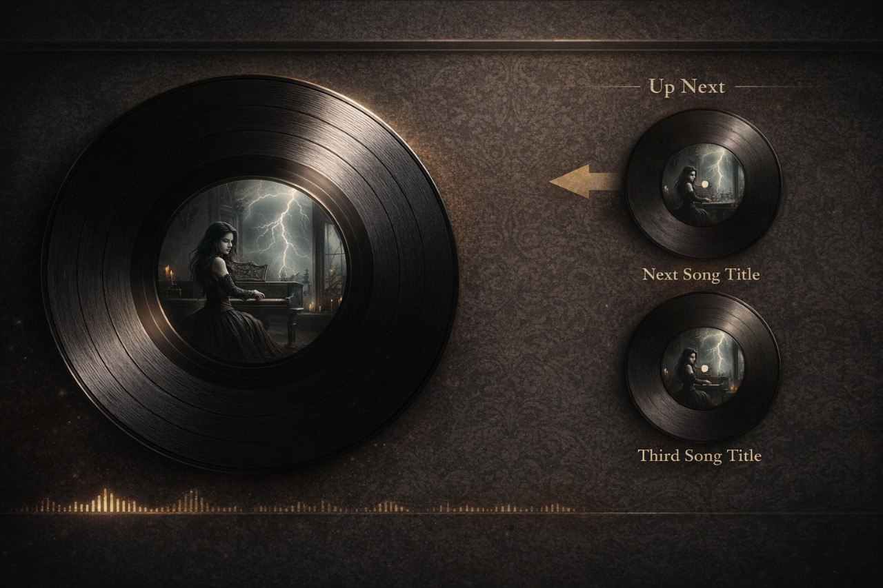 Dark minimalist music player UI with vinyl record and up-next thumbnails