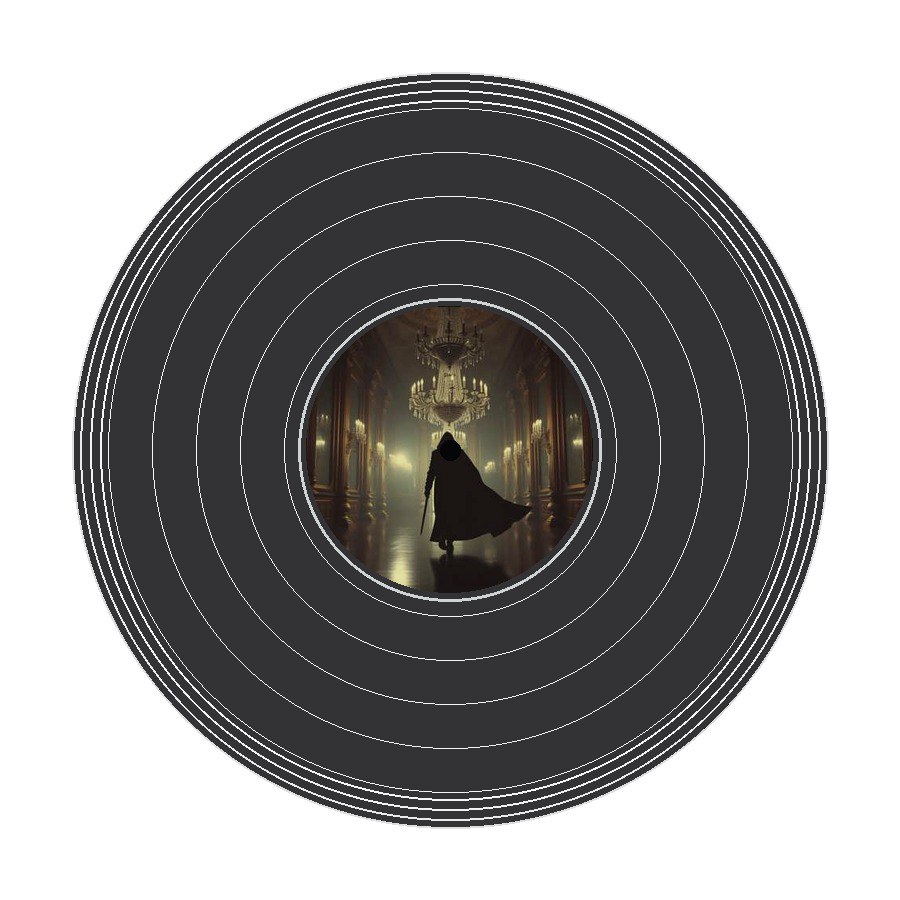 Vinyl UI showing a dark moody music player with a spinning record and queued tracks