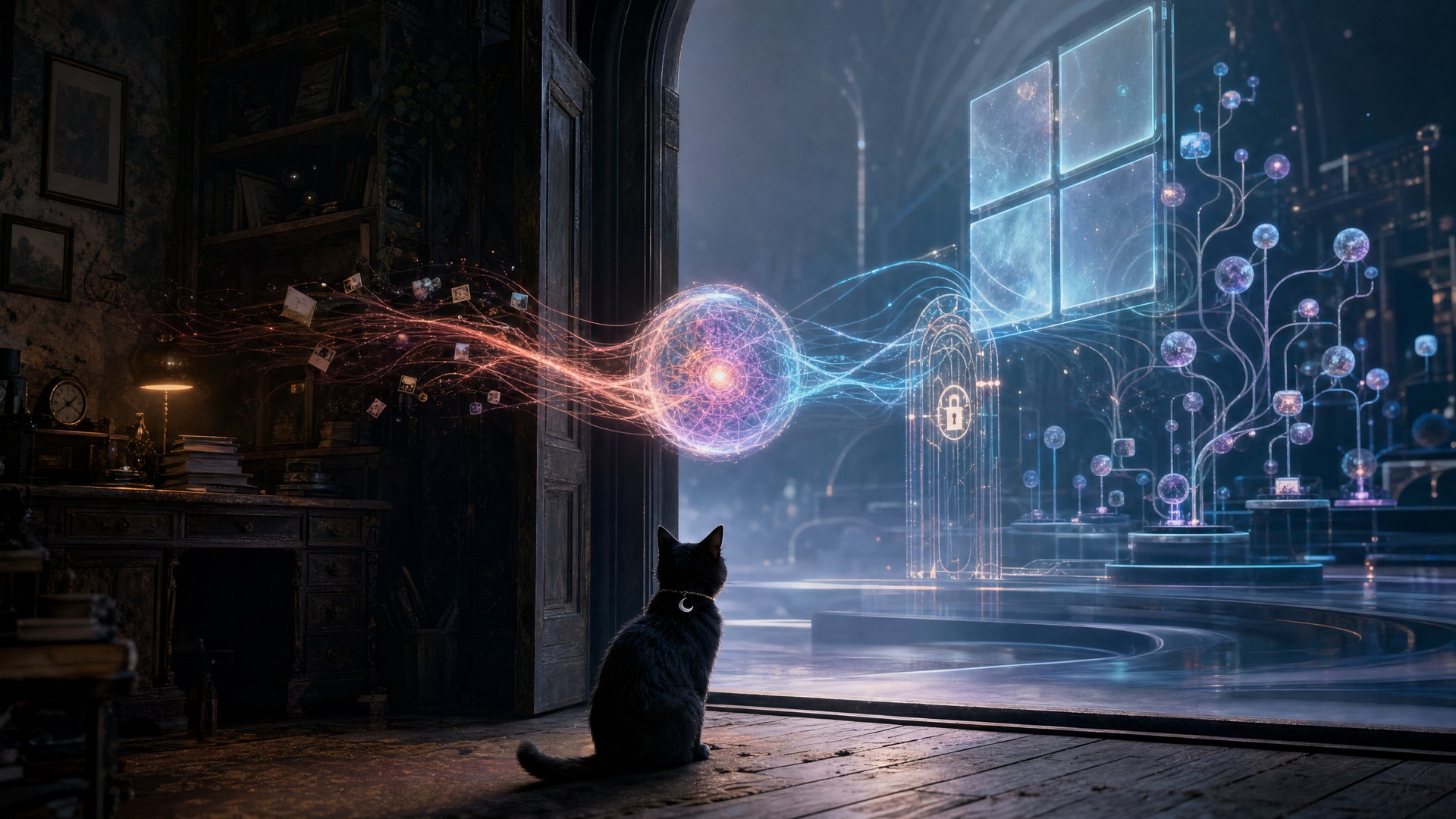 A glowing memory core crosses from a dark study through an open doorway into a luminous secure digital room as Nyx watches.