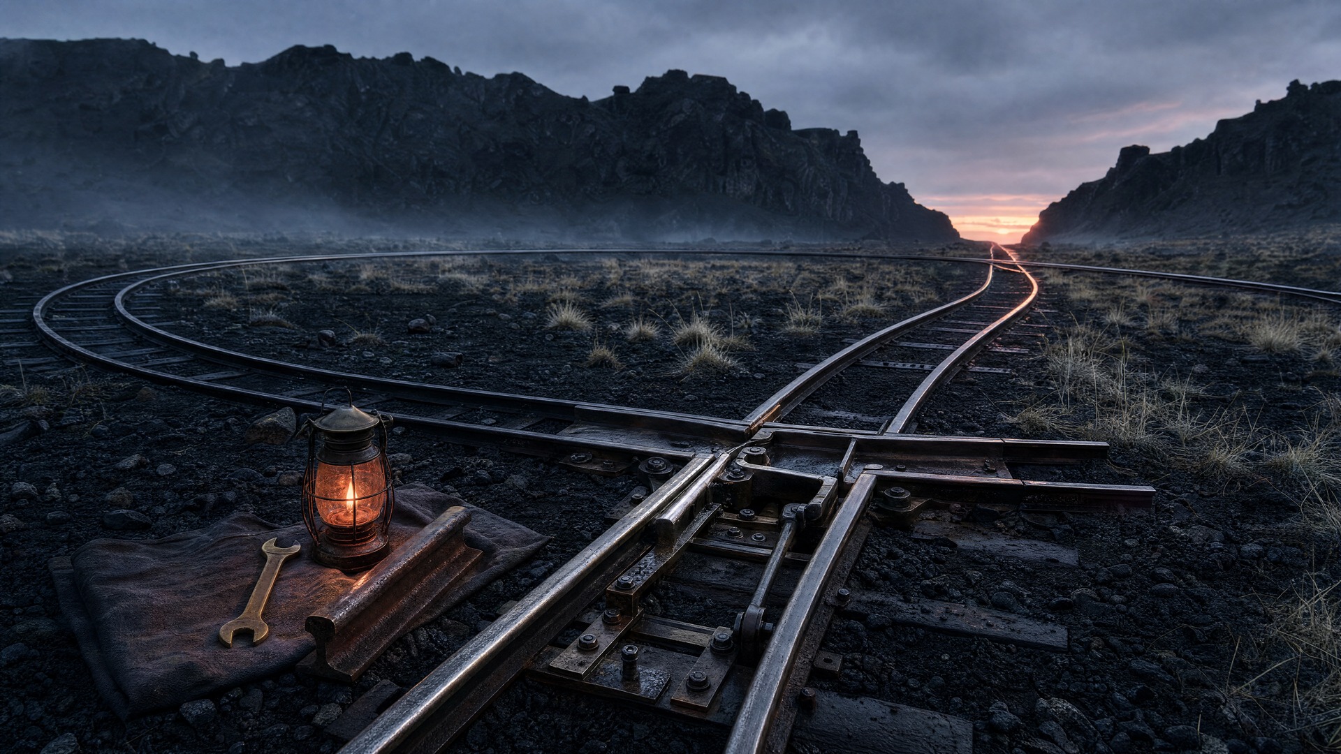 Railroad tracks looping through a dark landscape before reaching a mechanical switch beside a lantern and repair wrench at dawn.