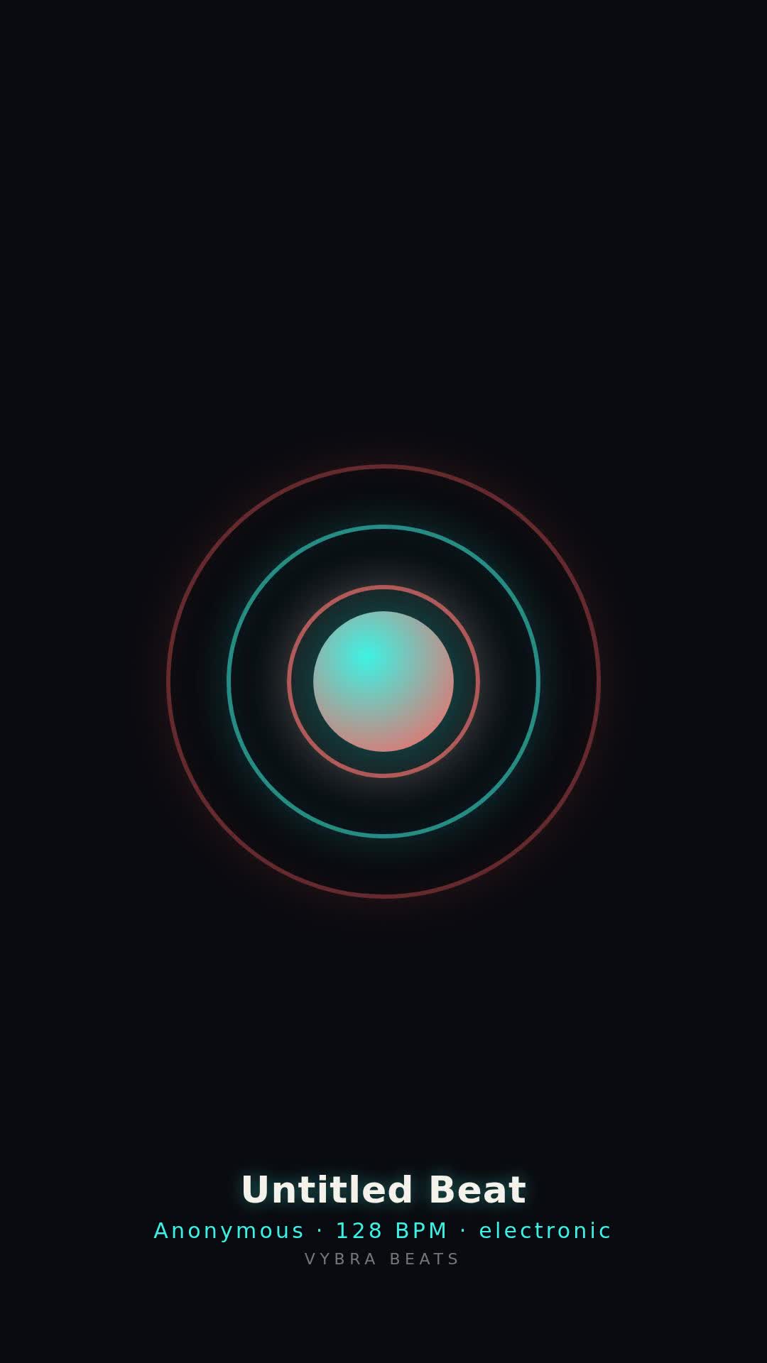 A vertical Vybra Beats neon social video frame with coral and cyan pulse rings on a dark noir background.