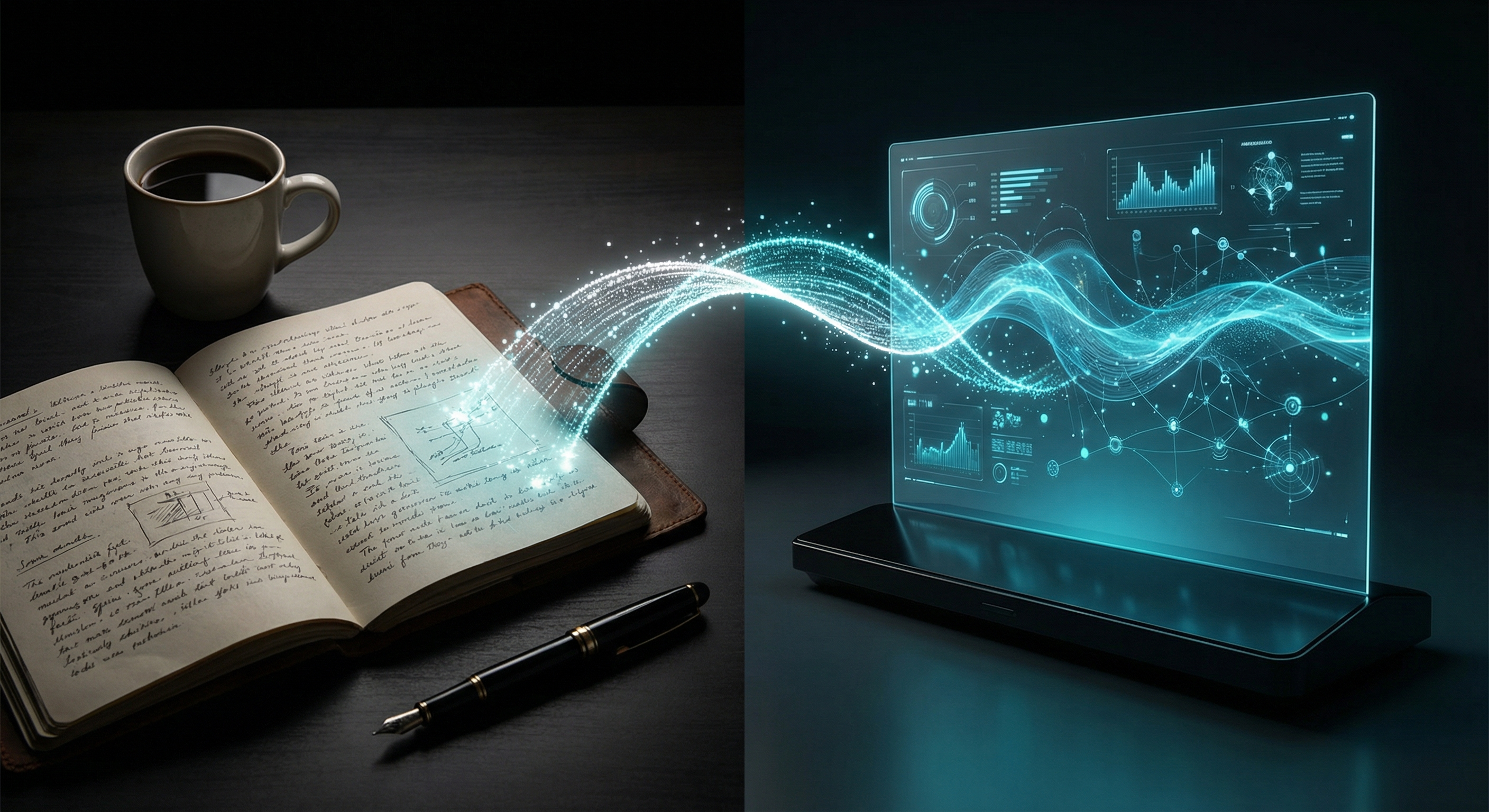 Cinematic workspace scene showing human journal and AI holographic interface merging together